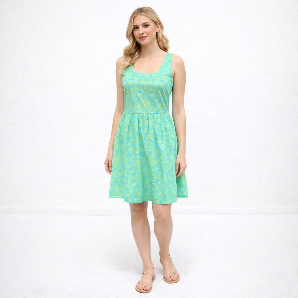 🌻Garnet Hill Green & Blue Floral Fit & Flare Cotton Sleeveless Dress Size 6